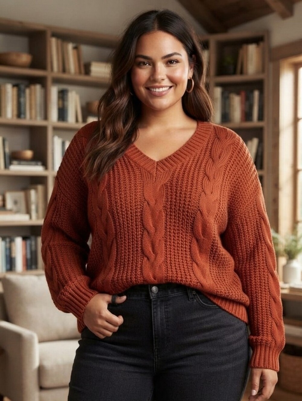 Cozy Brick Red Cable Knit V-Neck Sweater Plus Size 2X Oversized